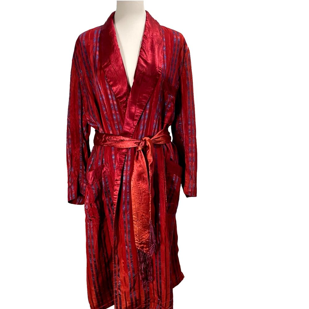Vintage 80s Handmade Red Satin Striped Robe Tassel Tie Lightweight Size M / L